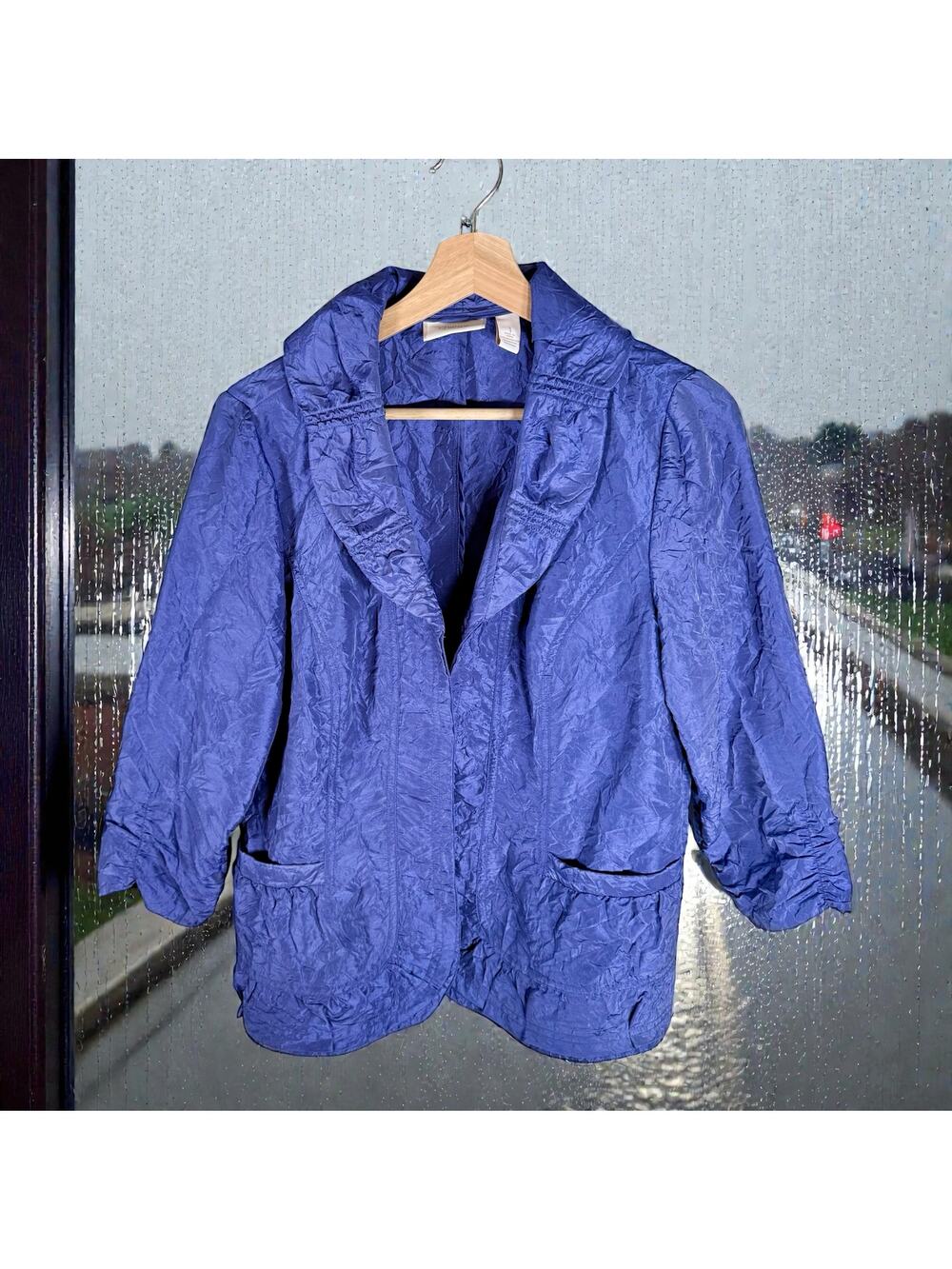 Chico's Women's 1 Medium Purple Lightweight 3/4 Sleeve Crinkle Open Front Jacket